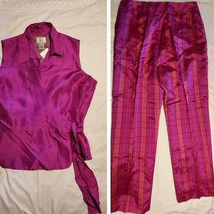 NWT - ICE Silk Fuschia Pant Set - Wrap Top and Plaid Cropped Pants - Size 16
